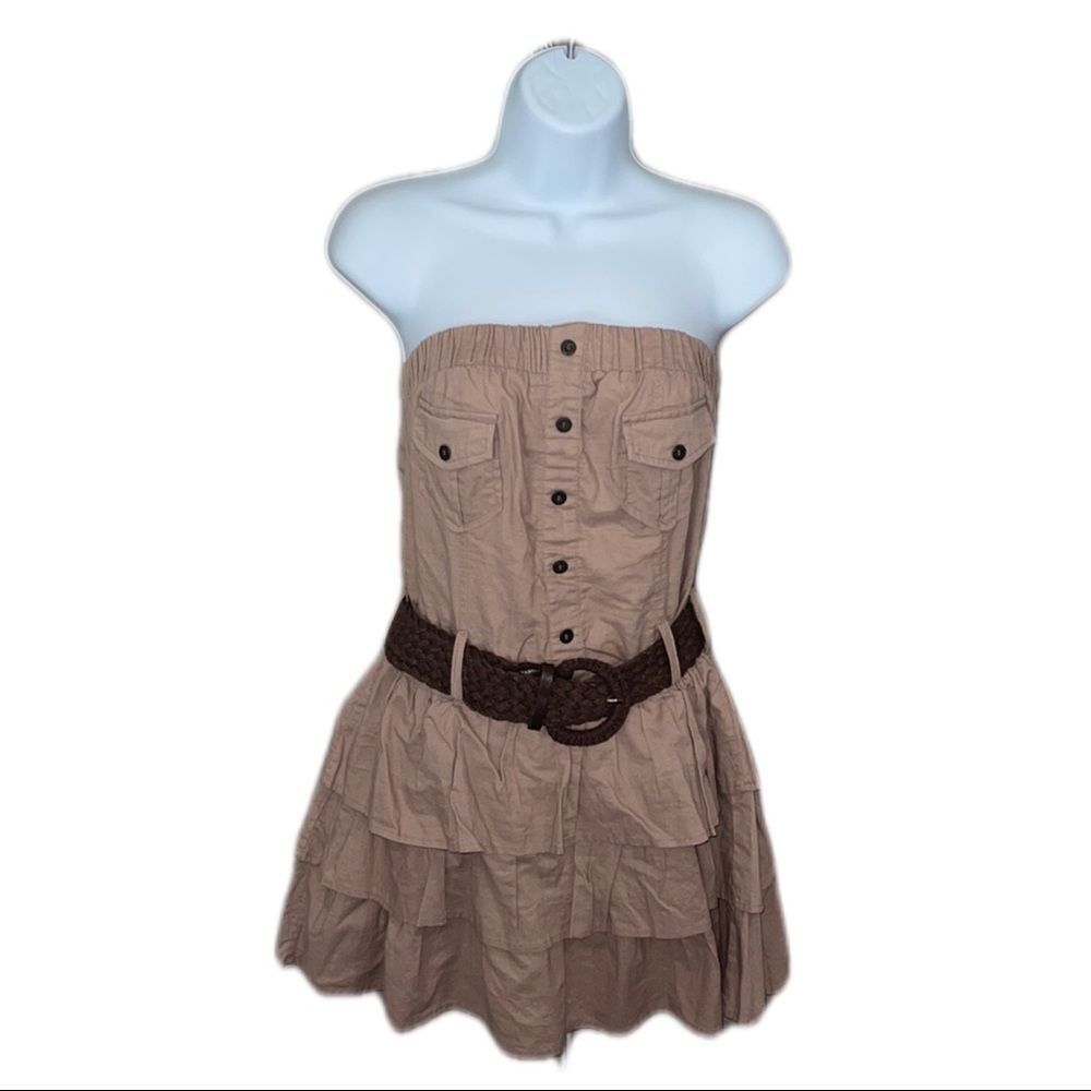 🎉2/$20🎉 Mine | Tan Ruffle and Belt Tan Strapless Dress